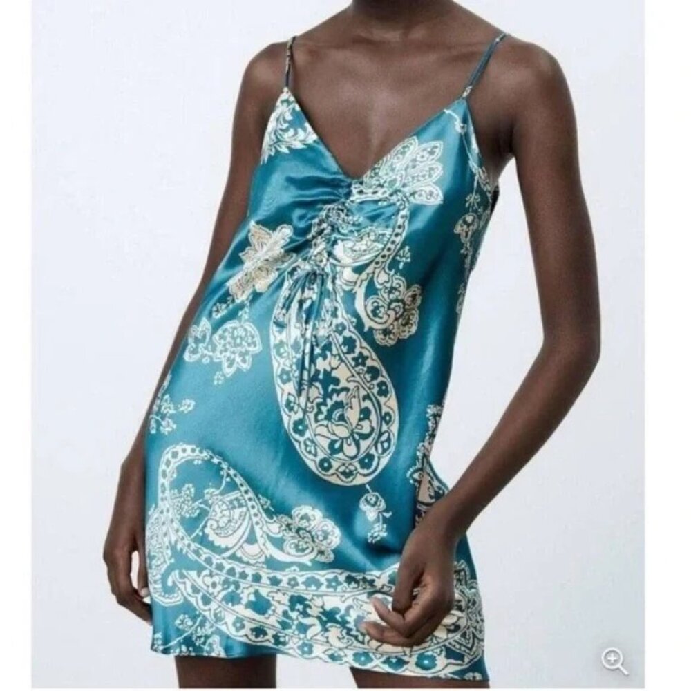 Zara Y2K Teal and Cream Satin Paisley Mini Slip Dress
